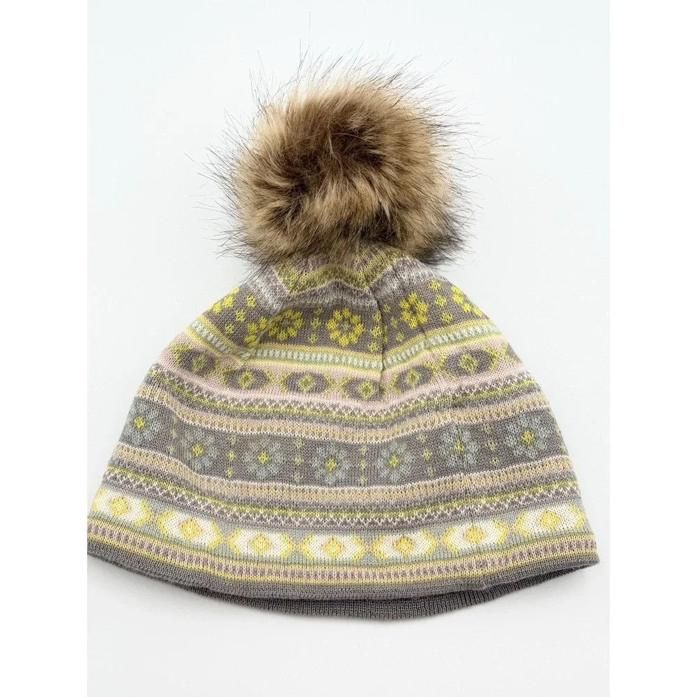Turtle Fur Merino Wool Pink Yellow Fair Isle Beanie Hat Fleece Faux Fur Pom Pom